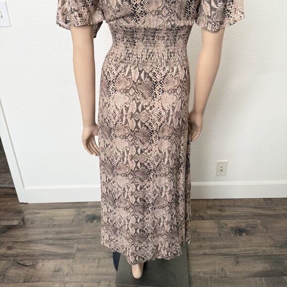 [Free Press] Snake Print Side Slit Crew Neck Flutter Sleeve Midi Dress Sz Large - Picture 7 of 10